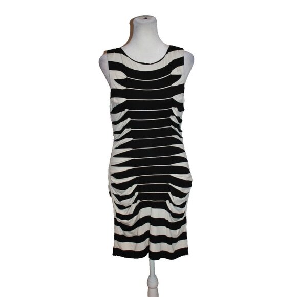 Betsey Johnson Striped Dress Womens Size 10 Black & White Stretch Fitted Rauched - Picture 1 of 2